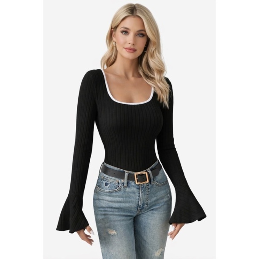 Commense Elegant Black Ribbed Long Sleeve Square Neck Top size M NWT
